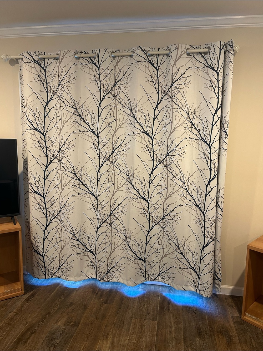 Blue and Gray Tree Pattern on White Grommet Black Out Curtain- Home Accents